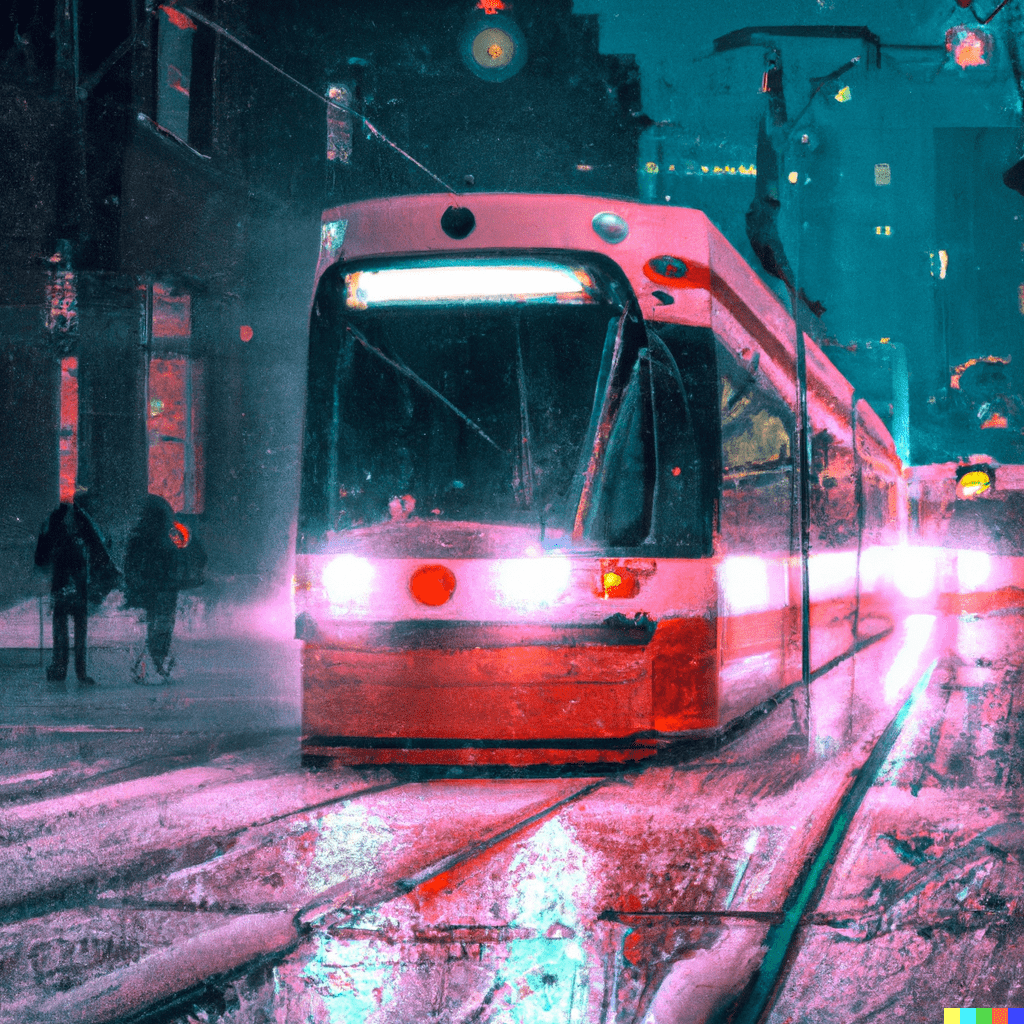 A cyberpunk image of a Toronto streetcar in winter